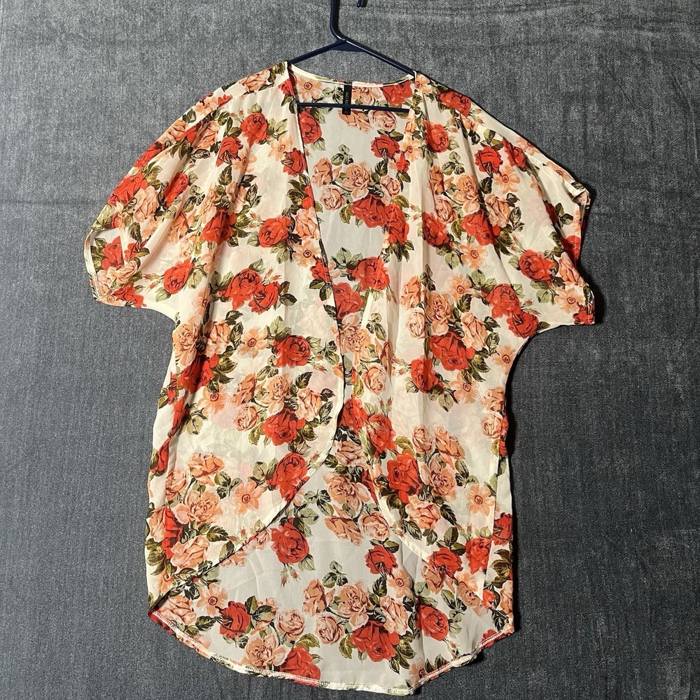 Full Tilt Floral Kimono Cardigan XS Sheer Boho Orange Red Cream Layering Top